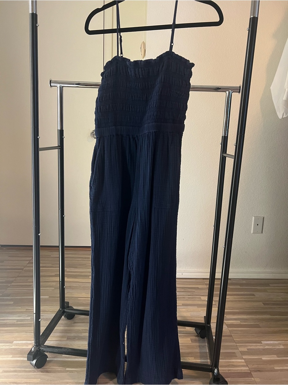 Ann Taylor Navy Smocked Bodice Wide-Leg Jumpsuit - Picture 1 of 1